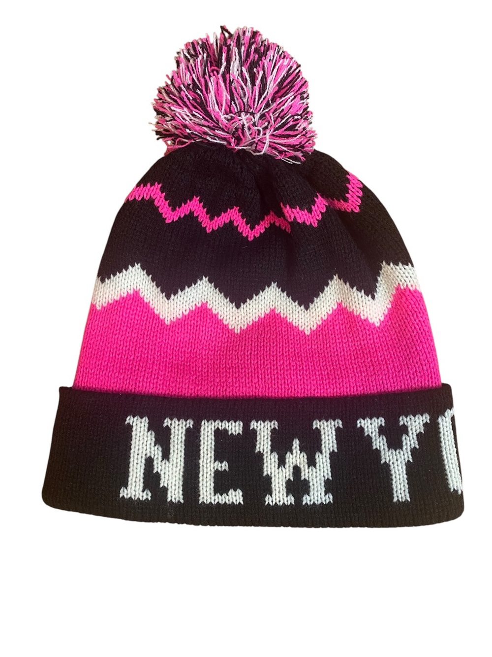 City Hunter NEW YORK spell out  Pom-Pom Beanie Hat - Black, Hot Pink & White